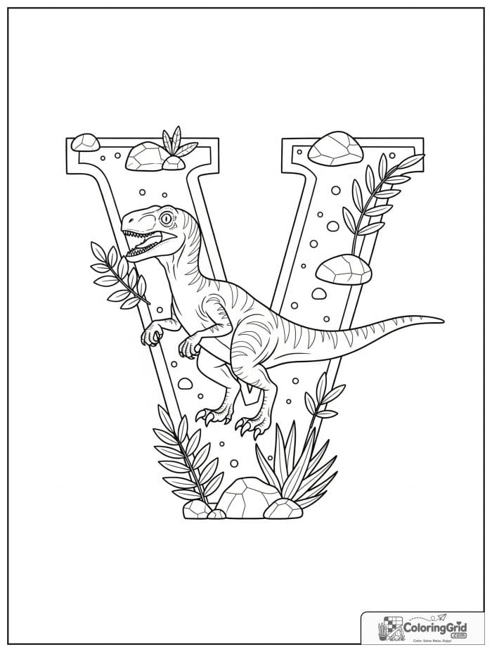 Velociraptor coloring page featuring a large letter V and a velociraptor.