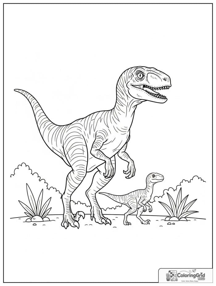 Velociraptor coloring page featuring an adult and baby velociraptor together.