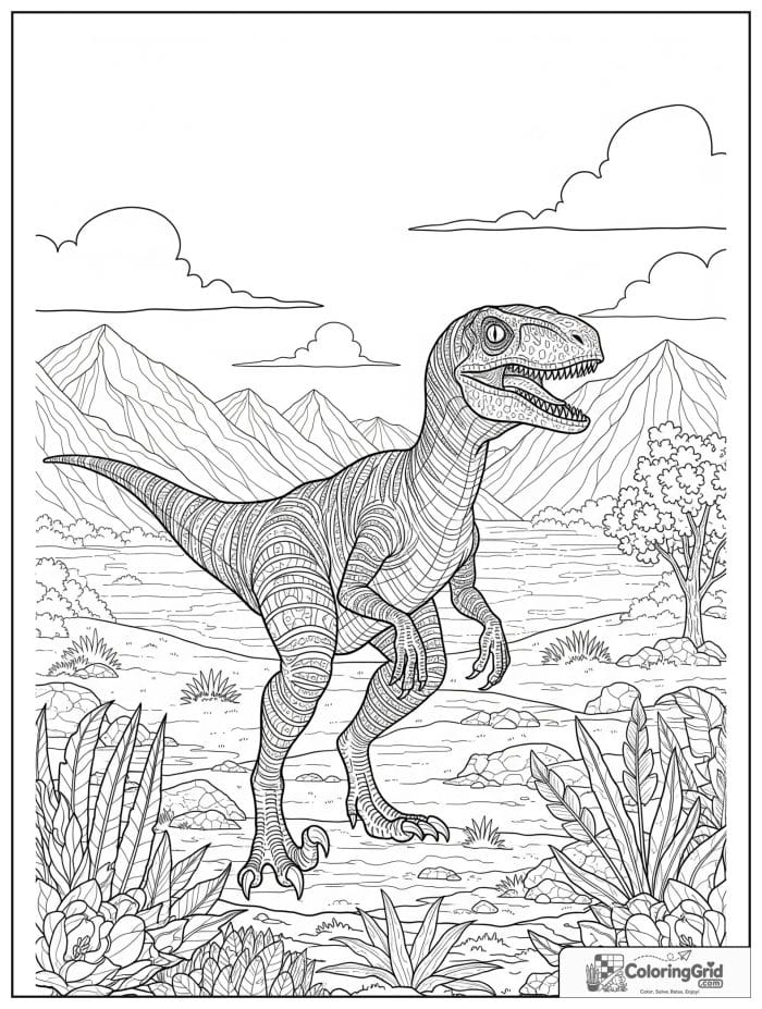 Velociraptor coloring page featuring a velociraptor with distant mountains.