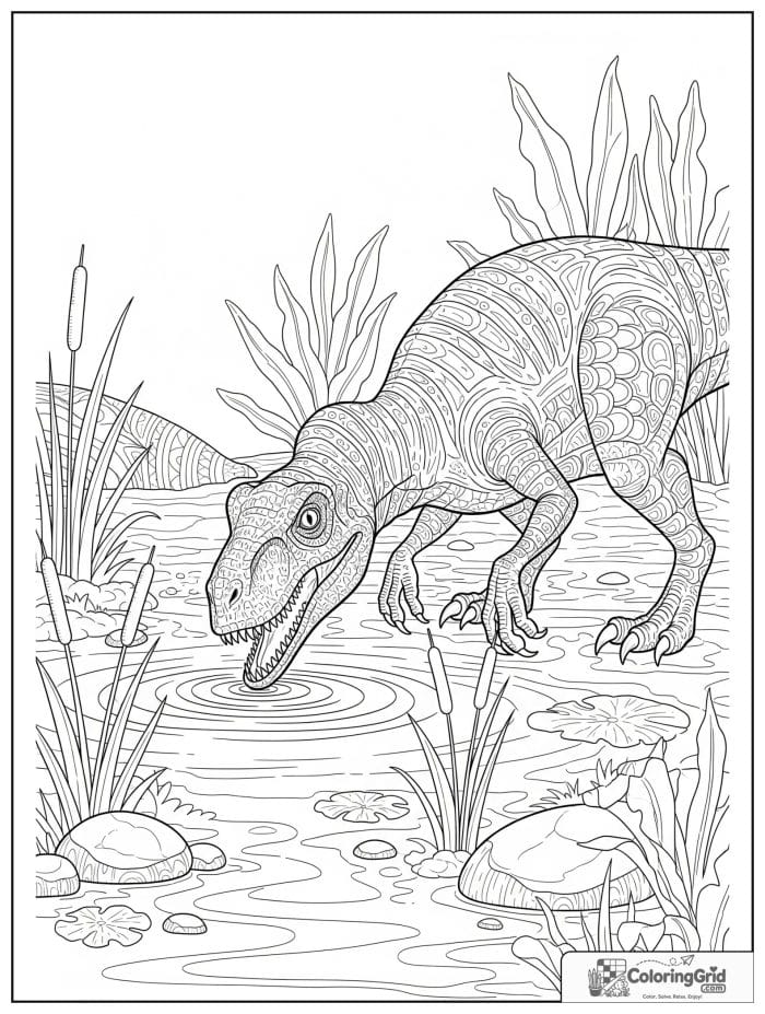 Velociraptor coloring page featuring a velociraptor at a watering hole.