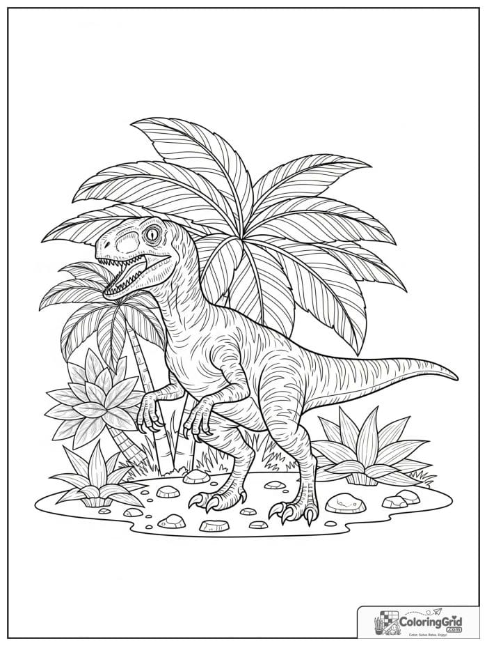 Velociraptor coloring page featuring a velociraptor beside palm-like prehistoric plants.