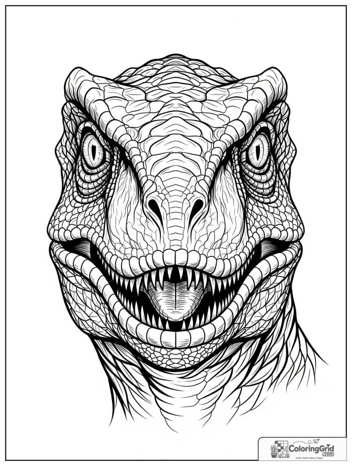 Velociraptor coloring page featuring a close-up study of a velociraptor head.