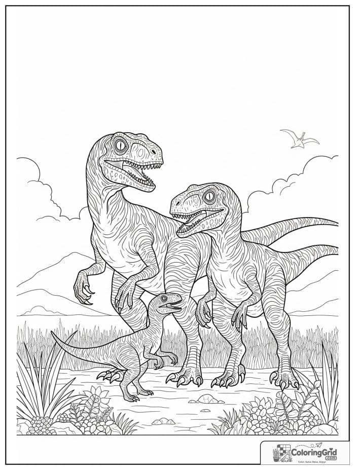 Velociraptor coloring page featuring a velociraptor family scene.