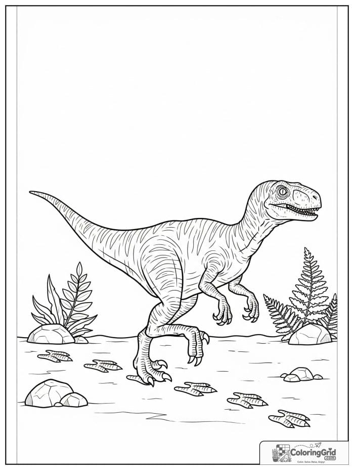Velociraptor coloring page featuring a velociraptor leaving footprints.