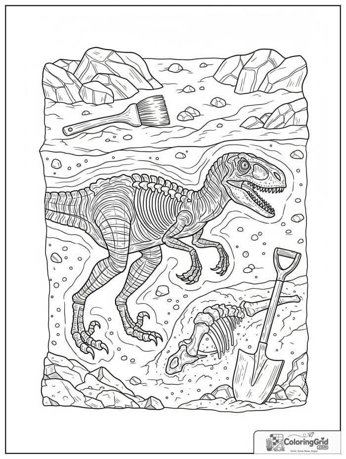 Velociraptor coloring page featuring a fossil dig scene.