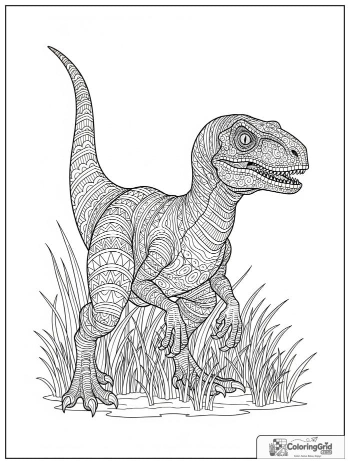 Velociraptor coloring page featuring a crouching velociraptor in tall grass.