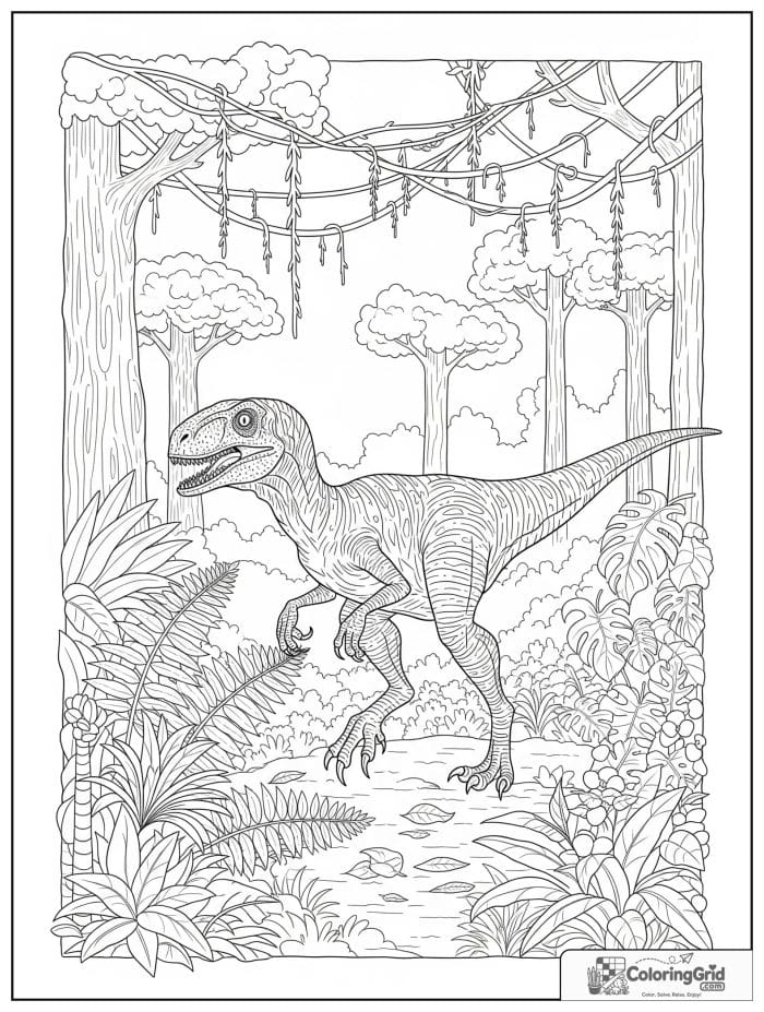Velociraptor coloring page featuring a velociraptor in a prehistoric jungle.