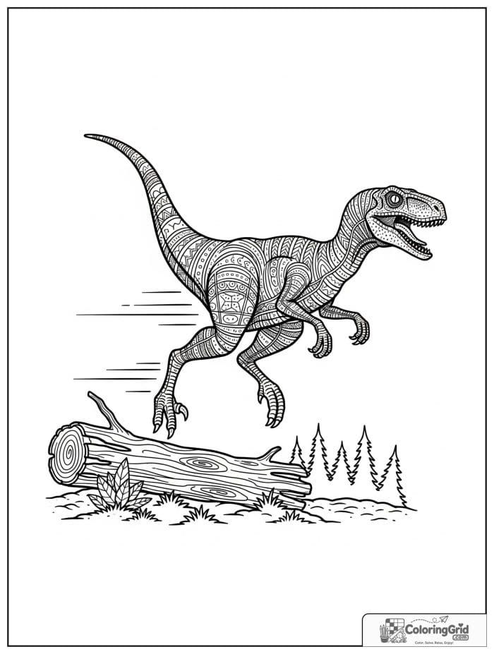 Velociraptor coloring page featuring a velociraptor jumping over a log.