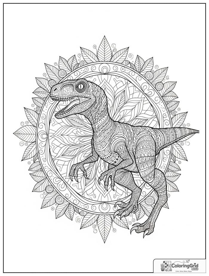 Velociraptor coloring page featuring a velociraptor inside a mandala-inspired border.