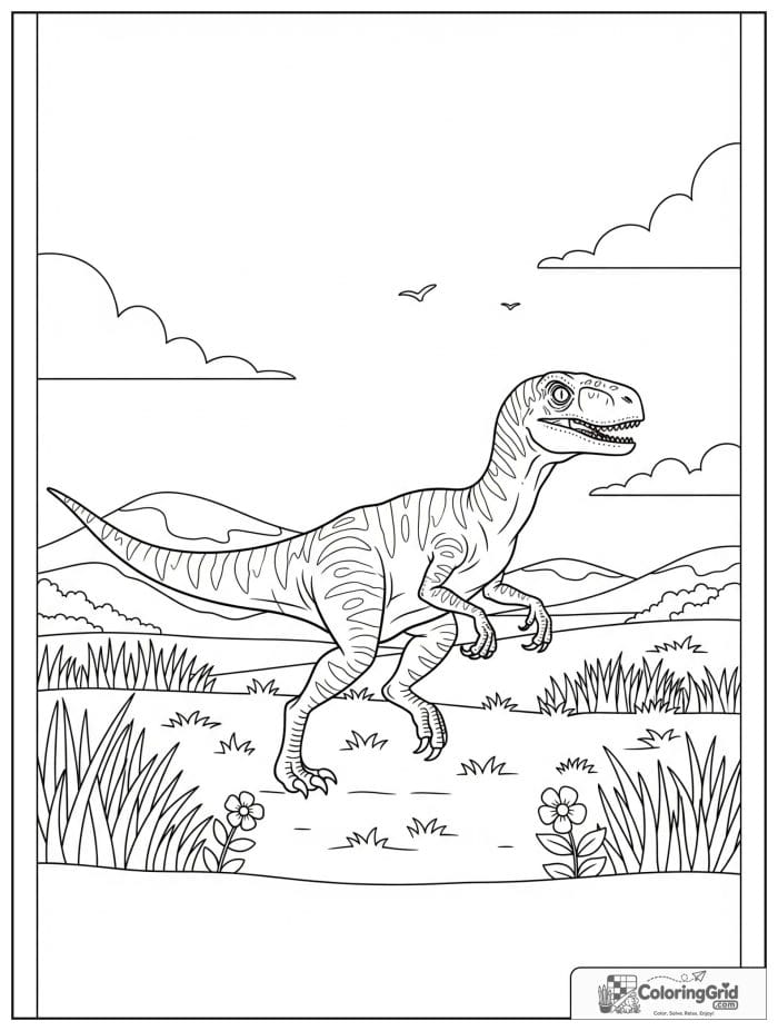 Velociraptor coloring page featuring a velociraptor in a meadow scene.