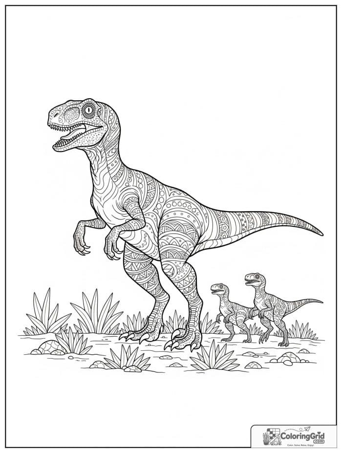 Velociraptor coloring page featuring a mother velociraptor with two babies.