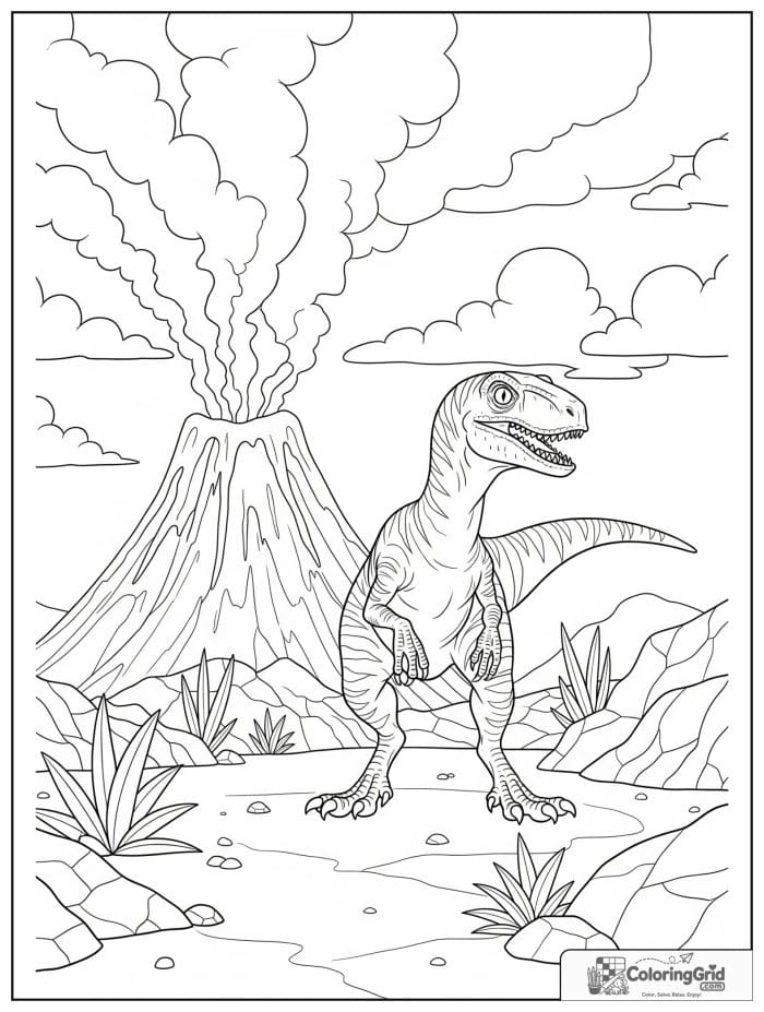 Velociraptor coloring page featuring a velociraptor near a volcano.