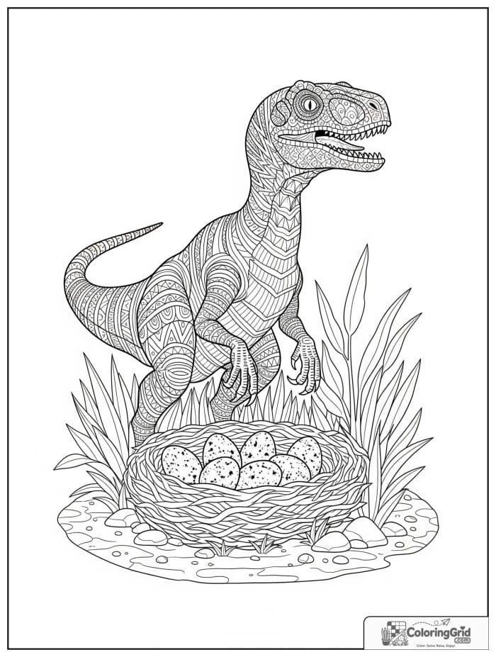 Velociraptor coloring page featuring a velociraptor near a nest of eggs.