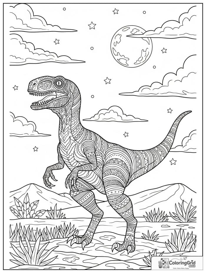 Velociraptor coloring page featuring a velociraptor under a night sky.