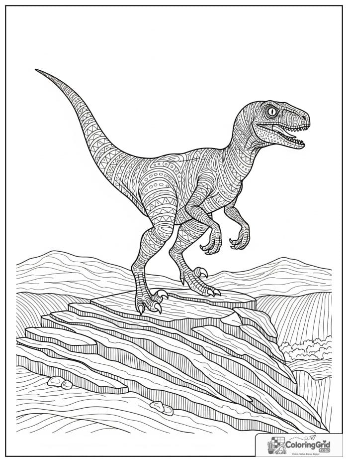Velociraptor coloring page featuring a velociraptor on a rocky cliff.