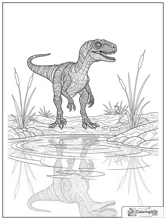 Velociraptor coloring page featuring a velociraptor by a pond.