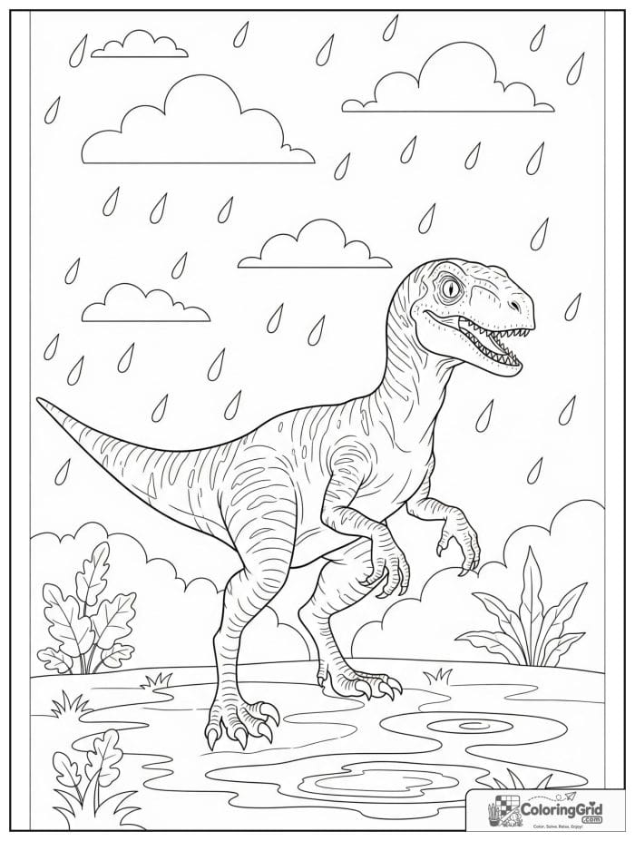 Velociraptor coloring page featuring a velociraptor in a rain scene.