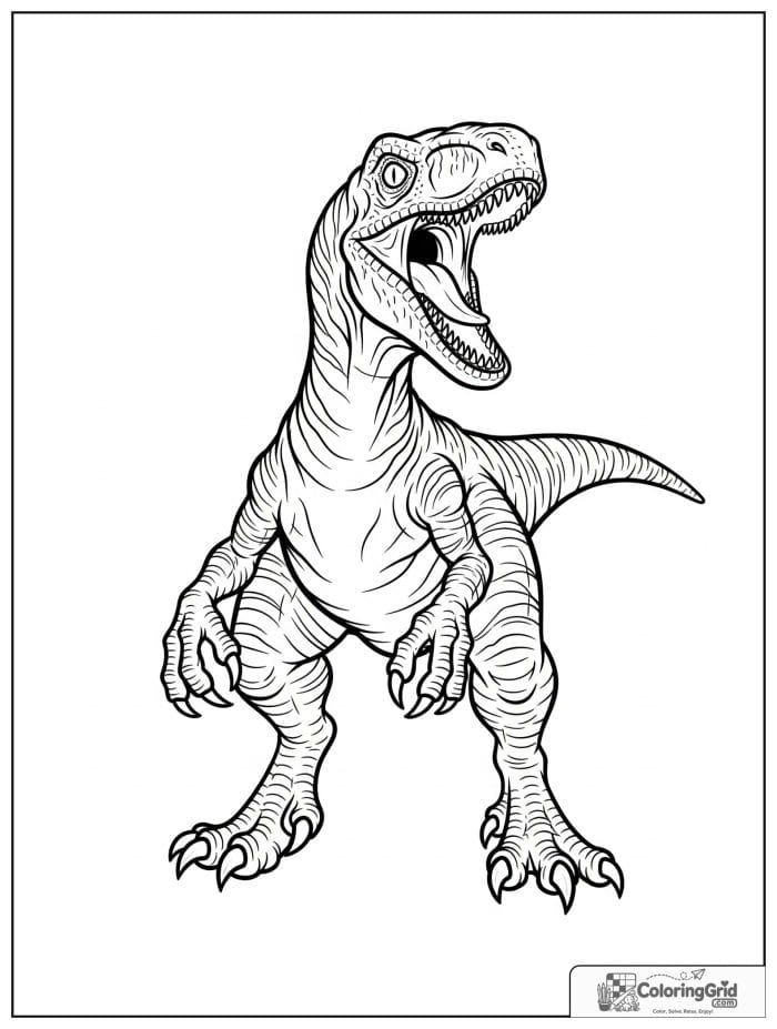 Velociraptor coloring page featuring a front view of a roaring velociraptor.