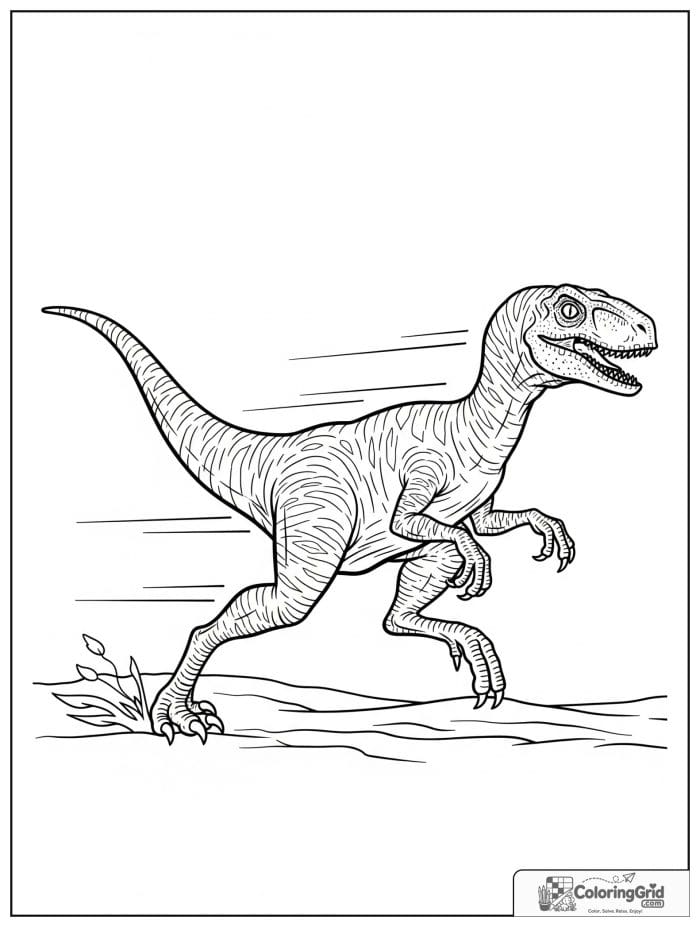 Velociraptor coloring page featuring a velociraptor running across the ground.