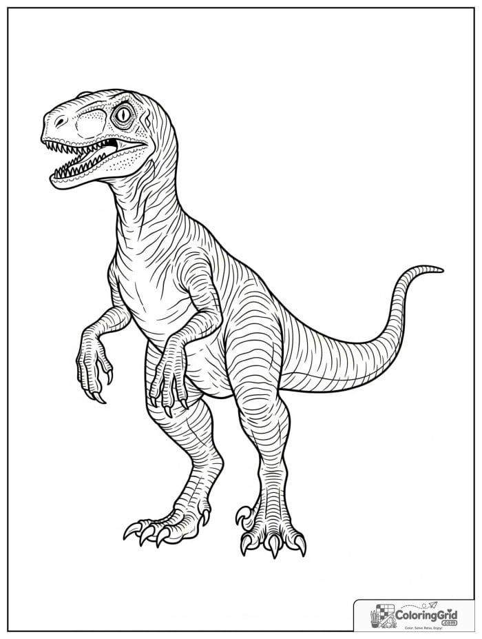 Velociraptor coloring page featuring a full side view of a velociraptor.