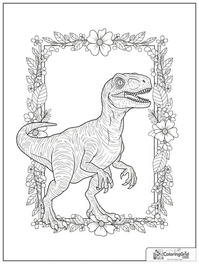 Velociraptor coloring page featuring a velociraptor with a flower border.