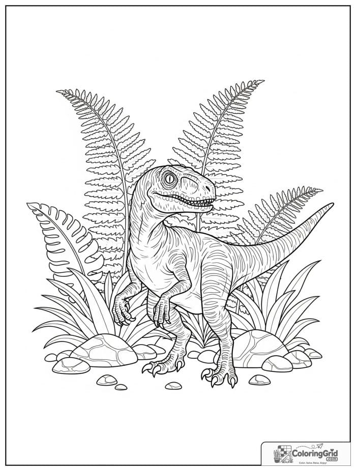 Velociraptor coloring page featuring a velociraptor with large fern plants.