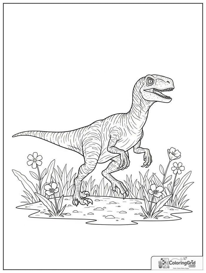 Velociraptor coloring page featuring a velociraptor with prehistoric flowers.