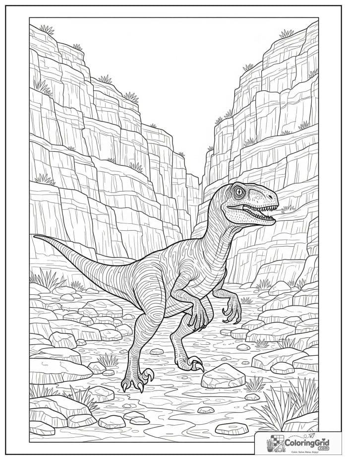 Velociraptor coloring page featuring a velociraptor in a rocky canyon.