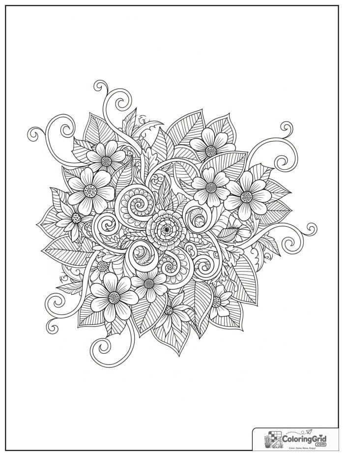 Flower mandala with curling vines, blossoms, and leaf spirals.