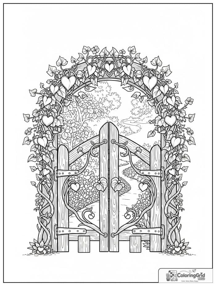 Garden coloring page featuring a vine-covered wooden gate.