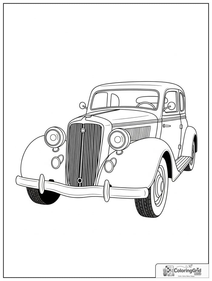 Vintage car front view in black and white line drawing