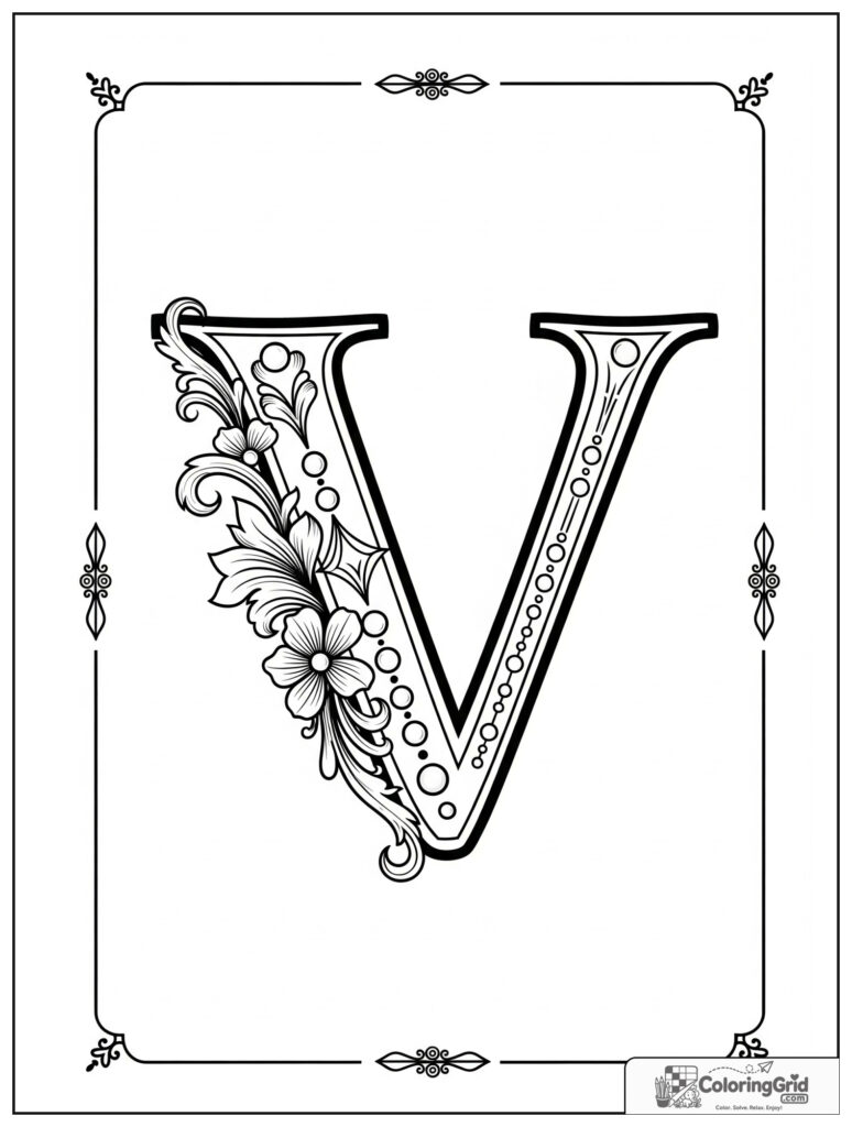 Vintage letter V adult alphabet coloring design with flourish frame
