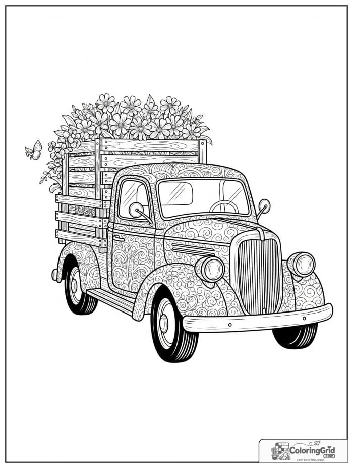 Truck coloring page featuring a vintage truck with flower crates.