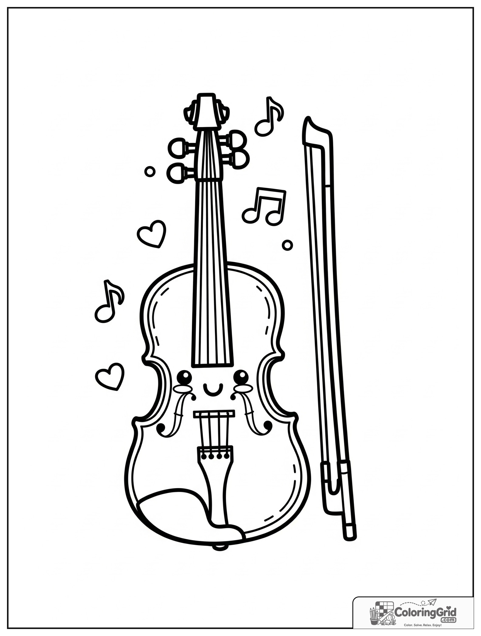 Cute smiling violin with a bow and small heart decorations.