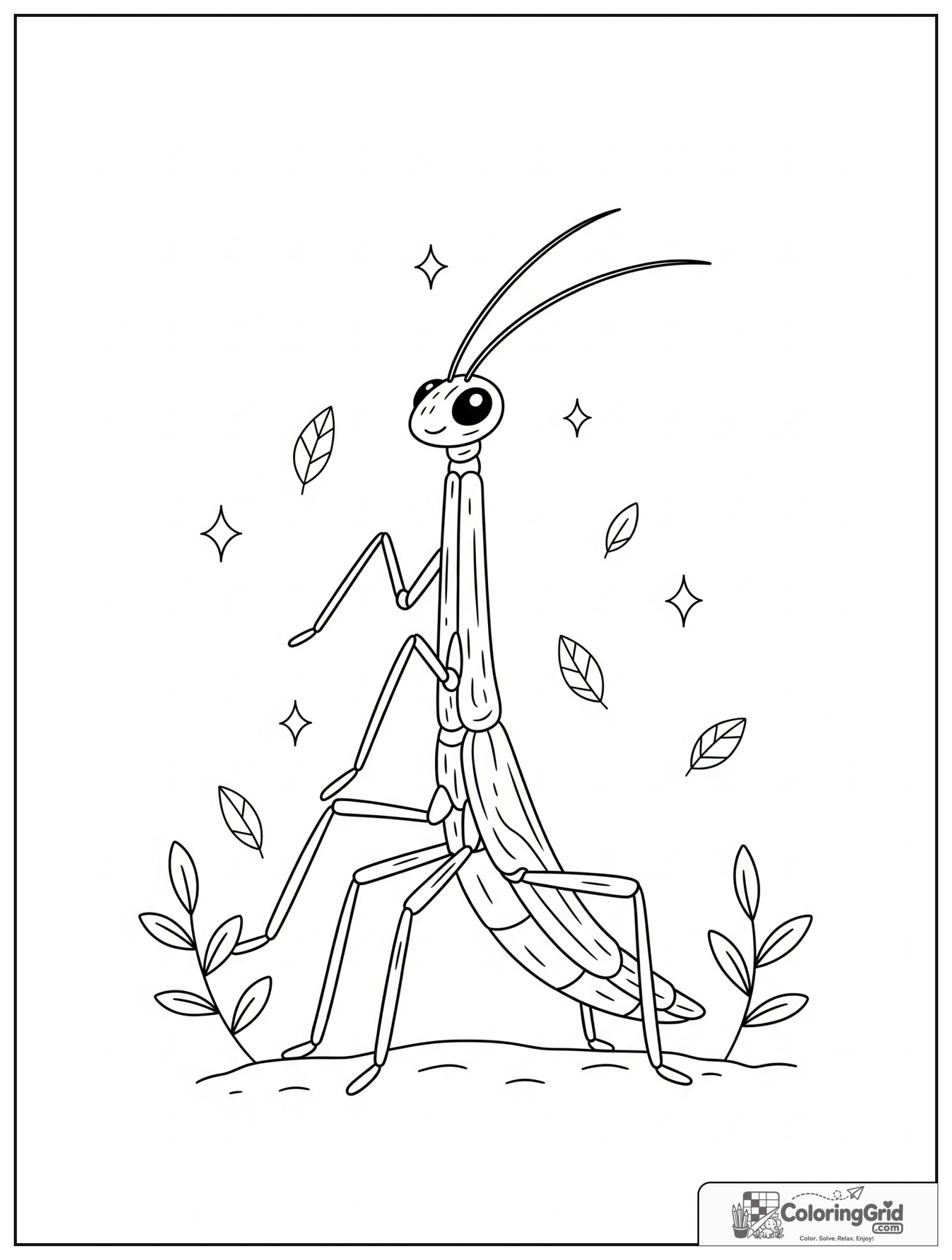 Cute walking stick insect with small leaf and sparkle decorations.