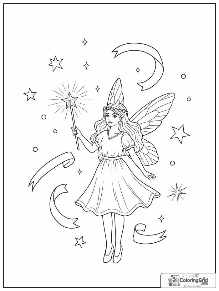 Fairy coloring page featuring a fairy with a wand and stars.