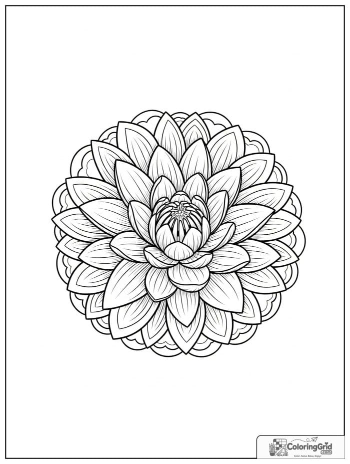 Flower mandala with water lily petals and wave-like bands.