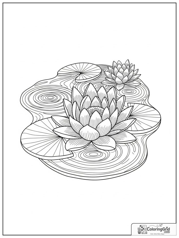 Relaxing water lily mandala with ripple circles and leaf motifs.