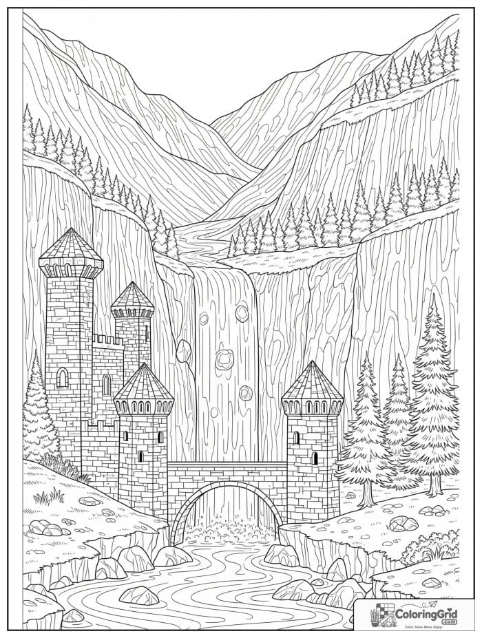 Castle coloring page featuring a castle beside a waterfall.