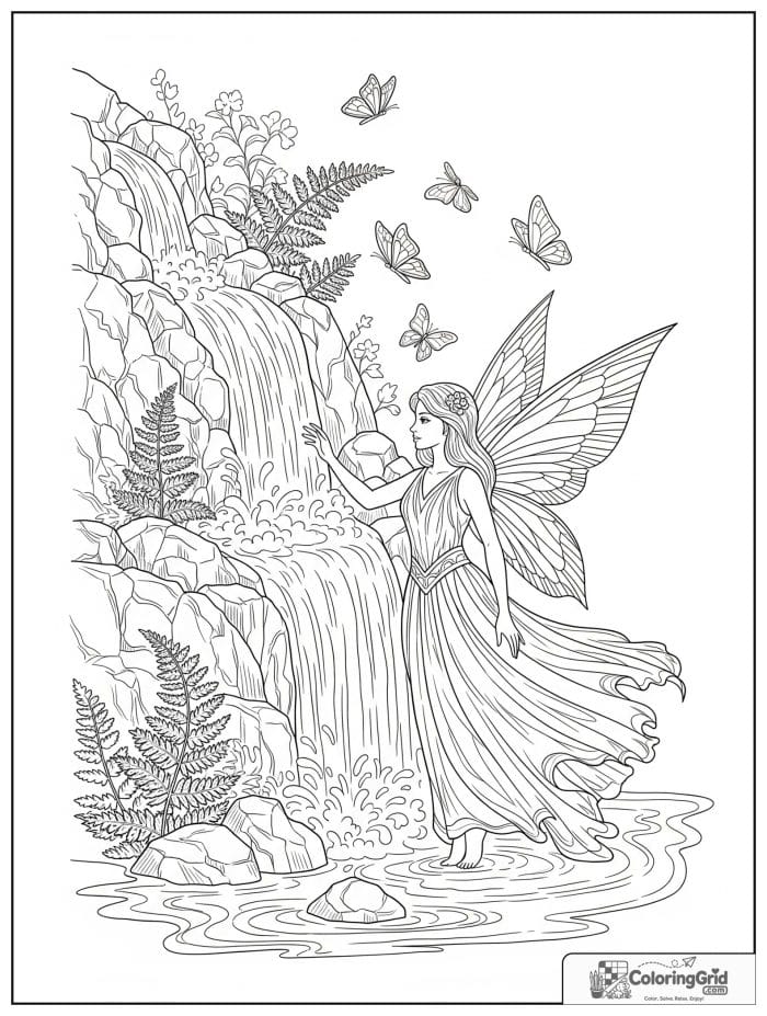 Fairy coloring page featuring a fairy by a waterfall.