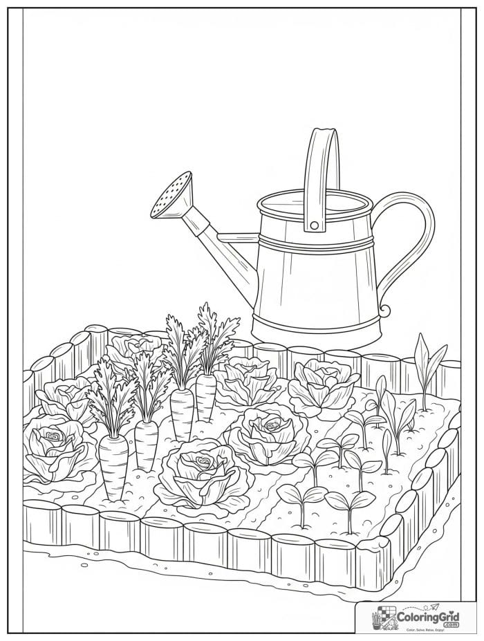 Vegetable coloring page featuring a watering can beside a vegetable bed.
