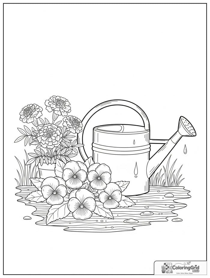 Garden coloring page featuring a watering can beside flowers.