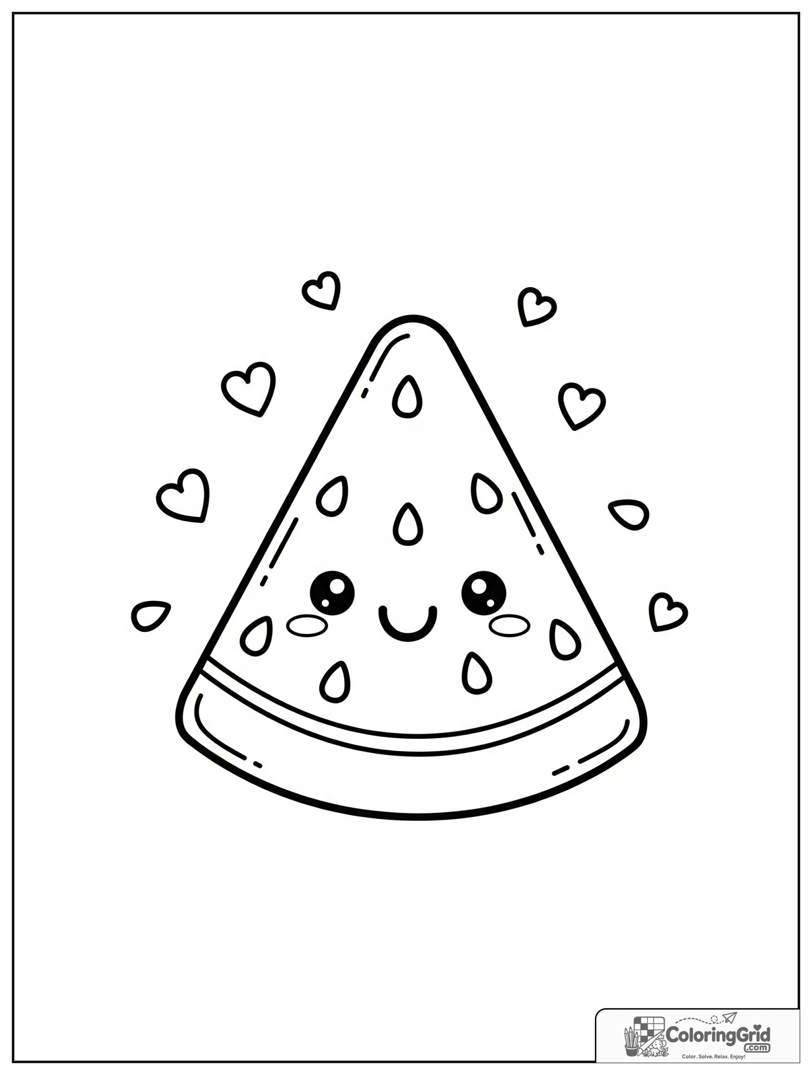 Cute smiling watermelon slice with small seed and heart decorations.