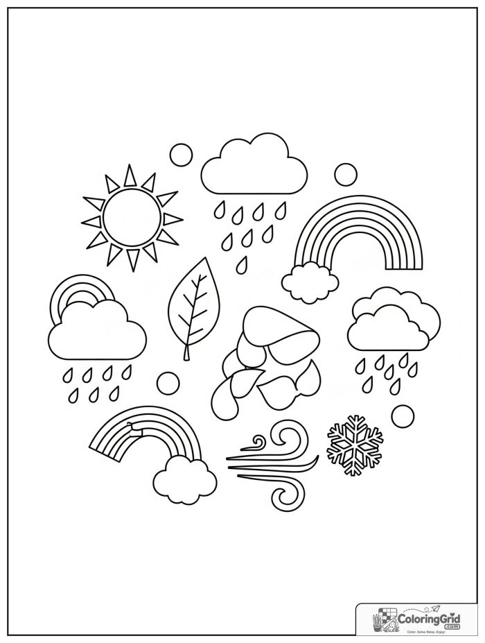 Weather Coloring Pages for Seasons showing weather icons in a circle.
