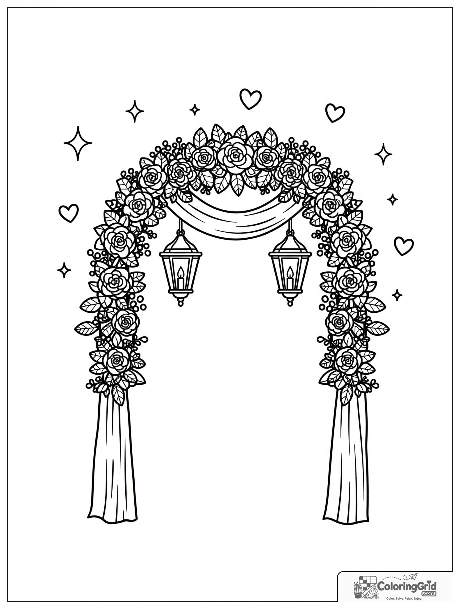 Cute wedding arch with lanterns and small sparkle decorations.