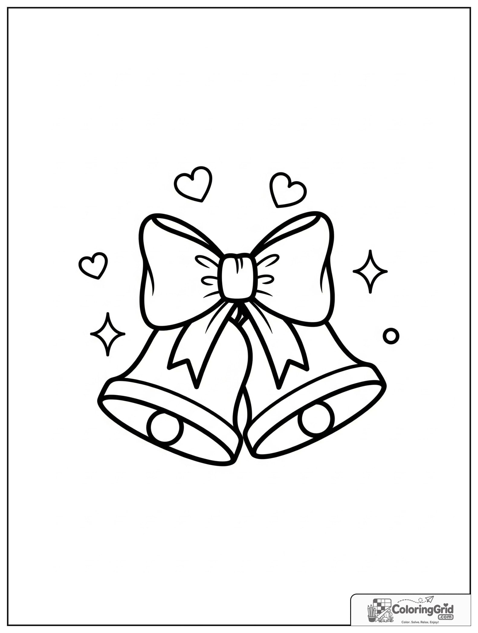 Cute wedding bells tied with a bow and small heart decorations.