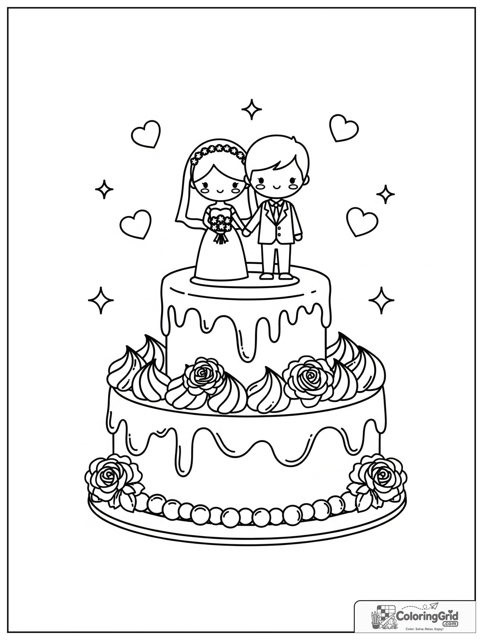 Cute wedding cake with a bride and groom topper and small heart details.