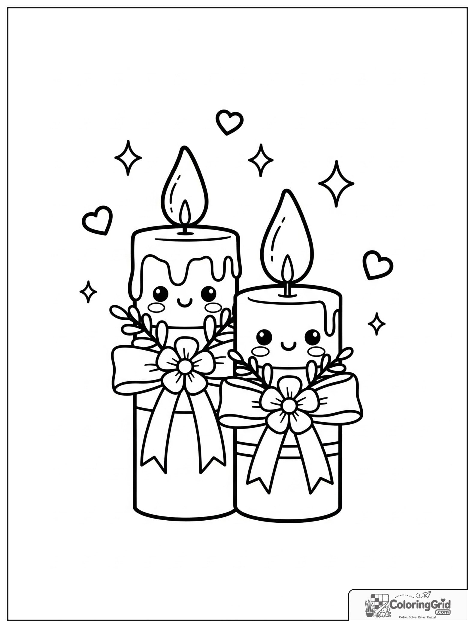Cute wedding candles with flowers and small heart decorations.