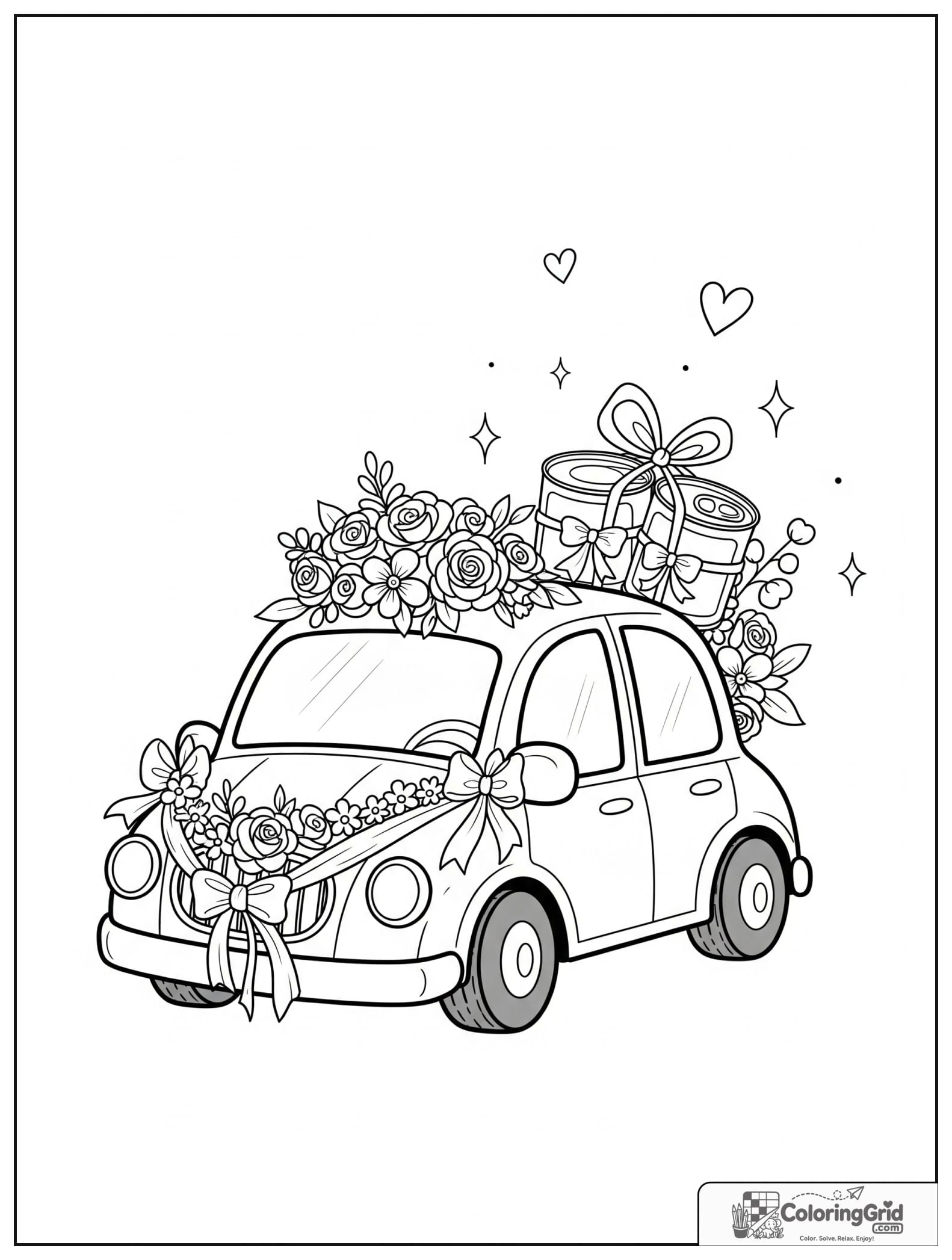 Cute wedding car with tin cans and small heart decorations.