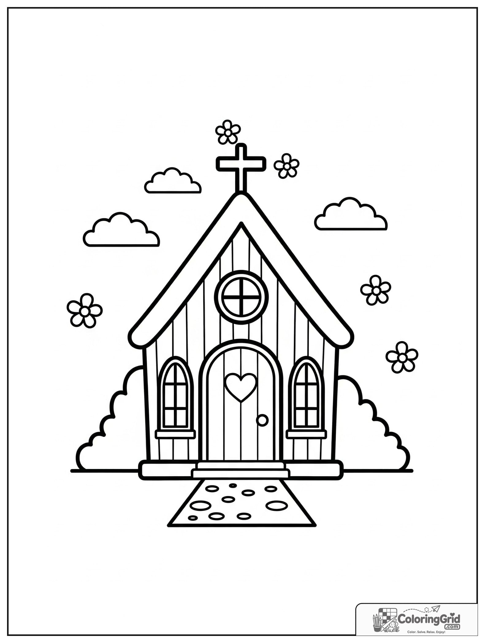 Cute wedding chapel with small cloud and flower decorations.